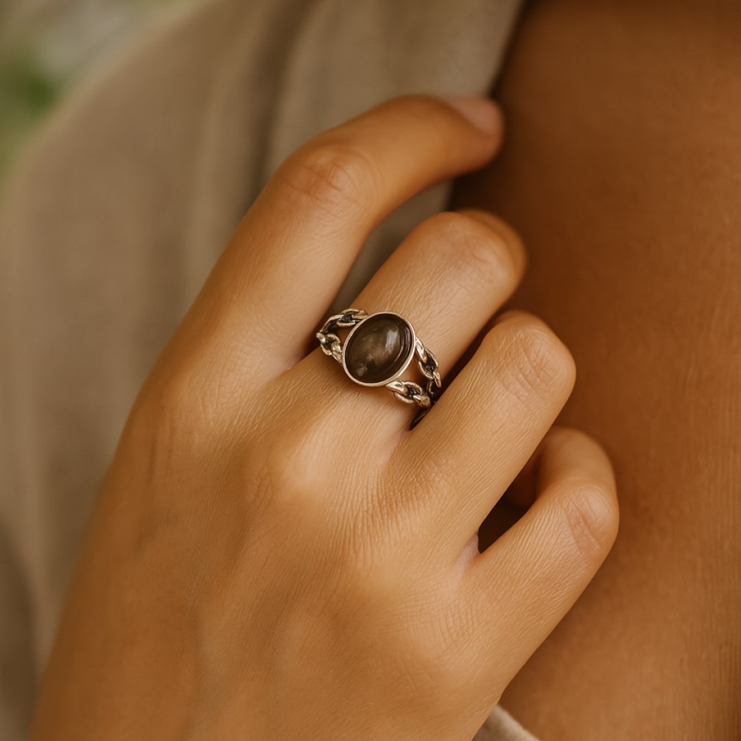 Bague Ajustable "Confiance Sacrée" en Obsidienne argentée - - L'Arbre des Chakras