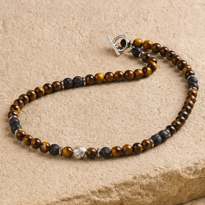 Collier "Énergie Terre & Feu" en Pierre de Lave & Oeil de Tigre - 50cm - L'Arbre des Chakras