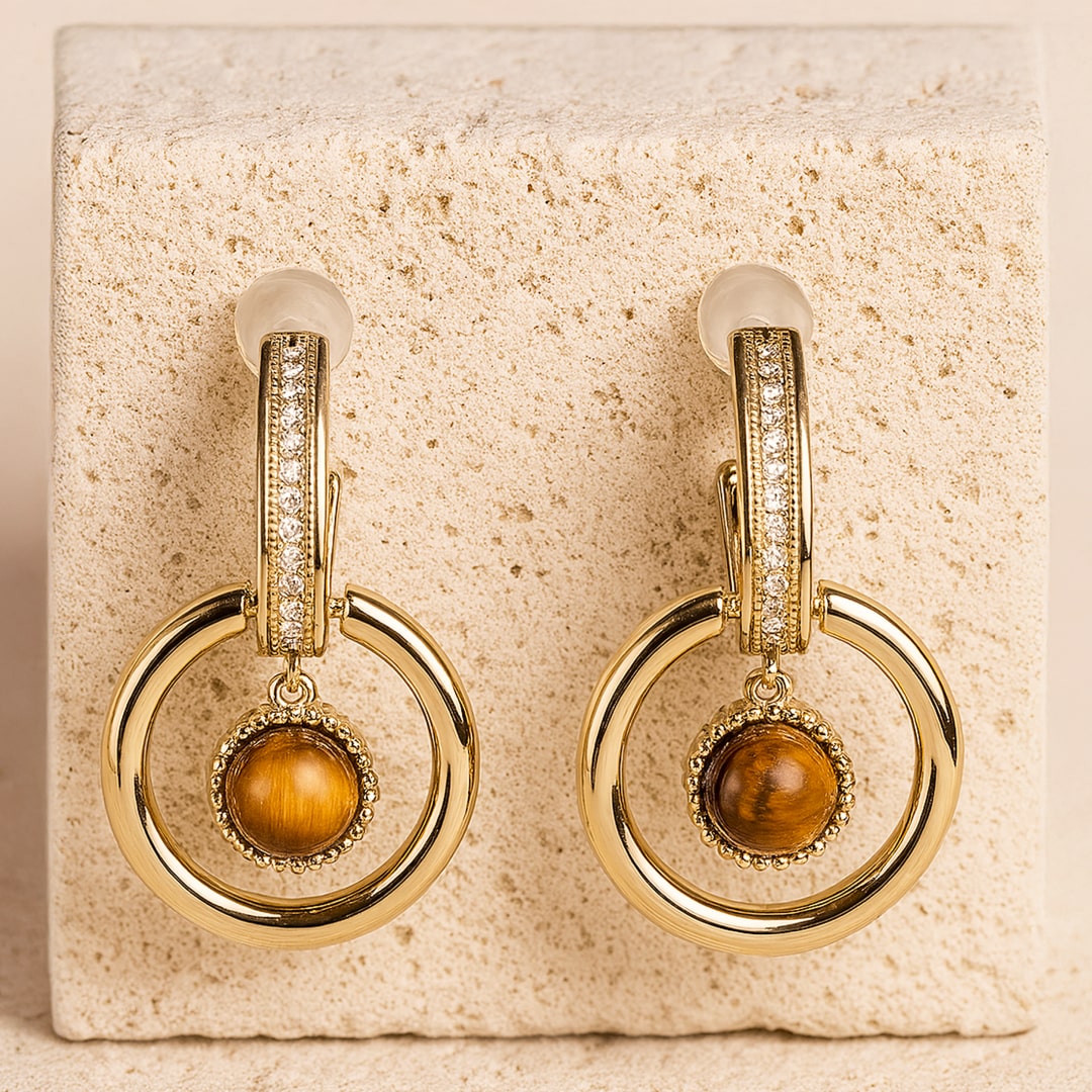 Boucles d’Oreilles "Éclat Félin" en Œil de Tigre & Plaqué Or - - L'Arbre des Chakras