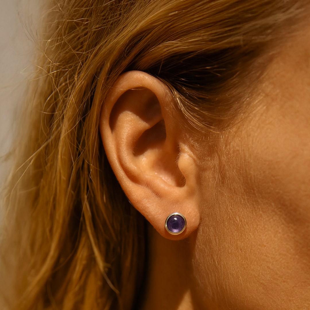 Boucles d'Oreilles Clous en Améthyste & Argent