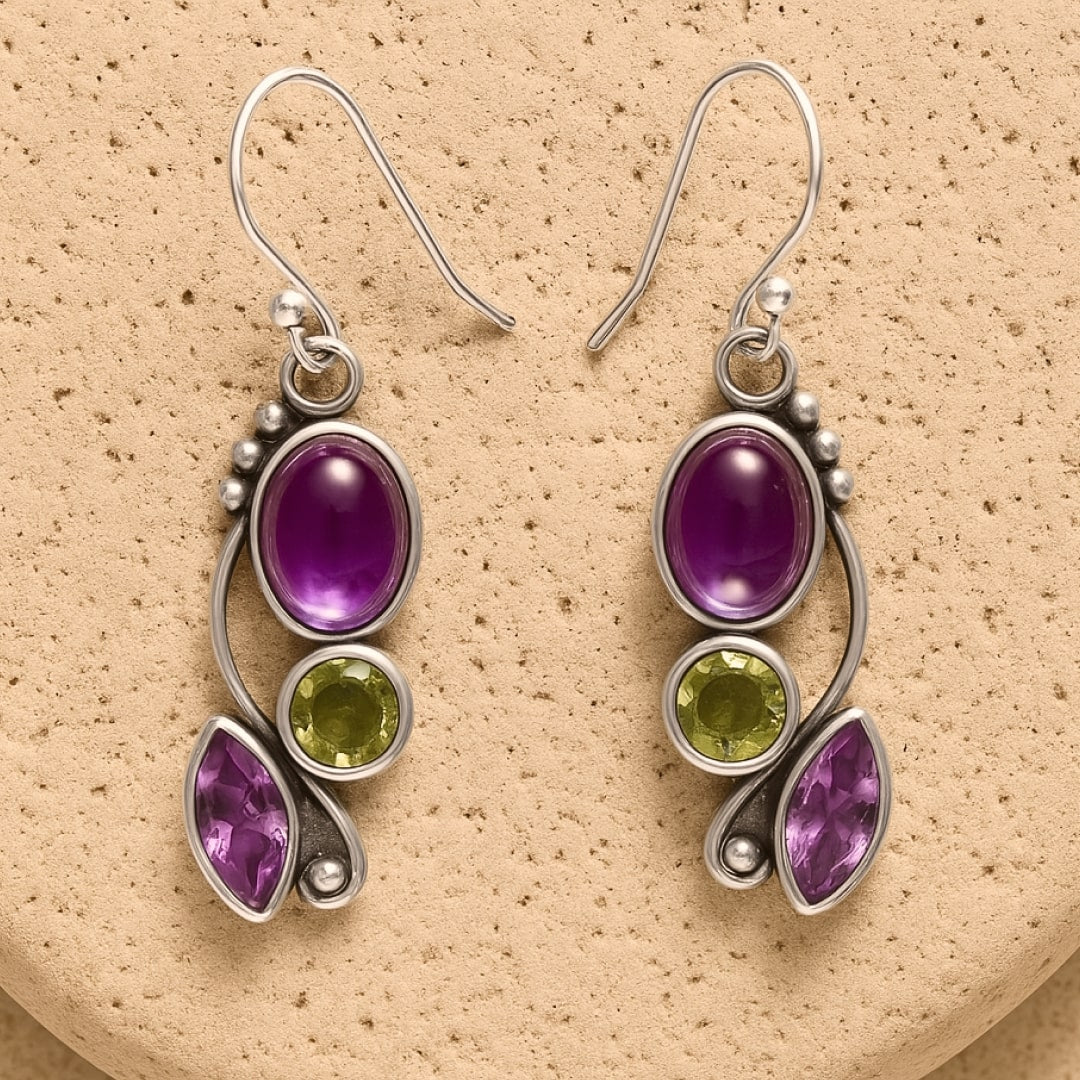 Boucles d'Oreilles "Cascade de Sérénité" en Améthyste & Péridot