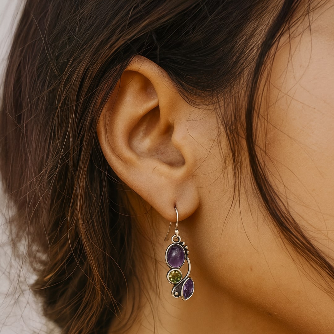 Boucles d'Oreilles "Cascade de Sérénité" en Améthyste & Péridot