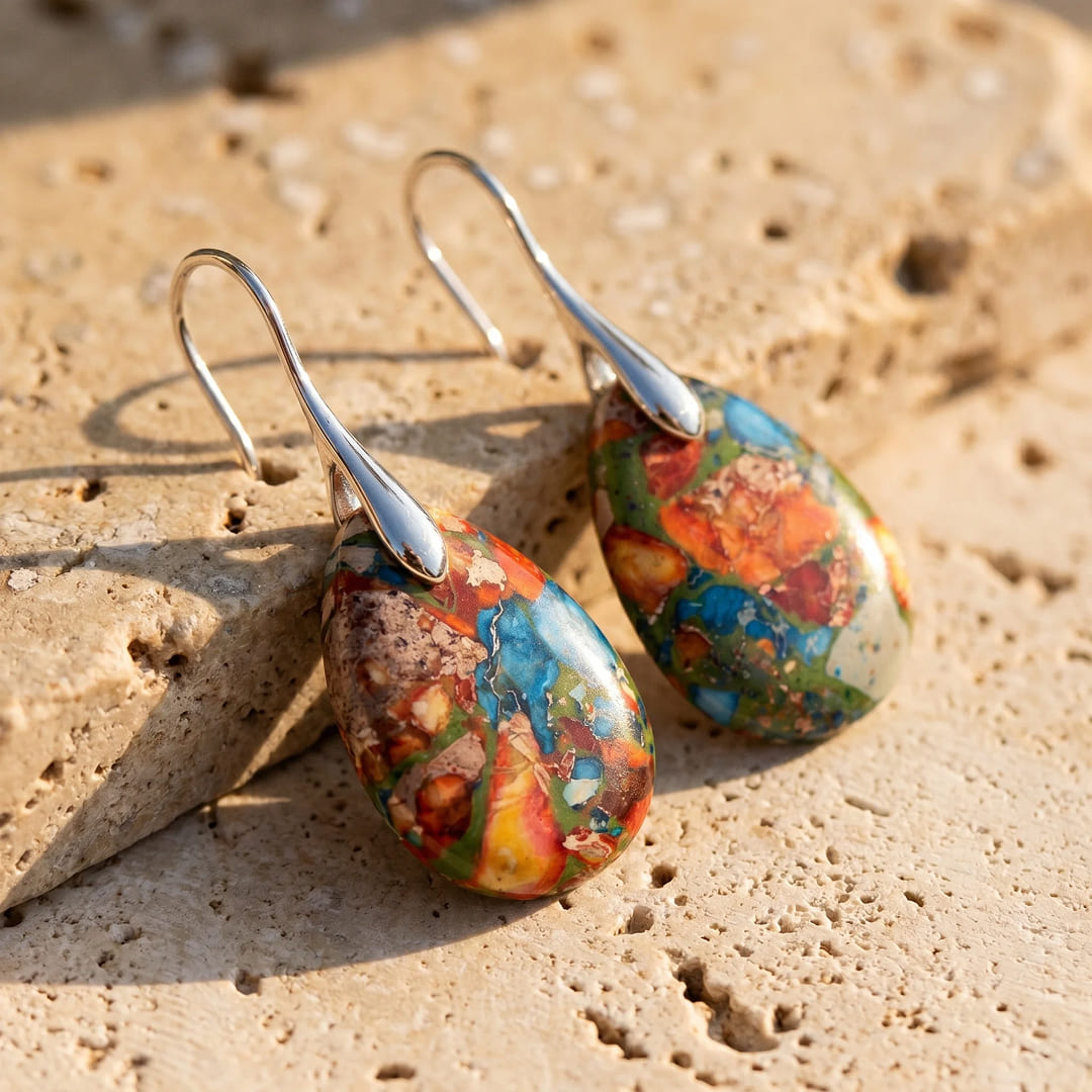 Boucles d’Oreilles "Gouttes Arlequines" en Jaspe - Argent - L'Arbre des Chakras