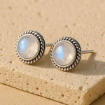 Boucles d'Oreilles Bouton en Labradorite Blanche & Argent - - L'Arbre des Chakras