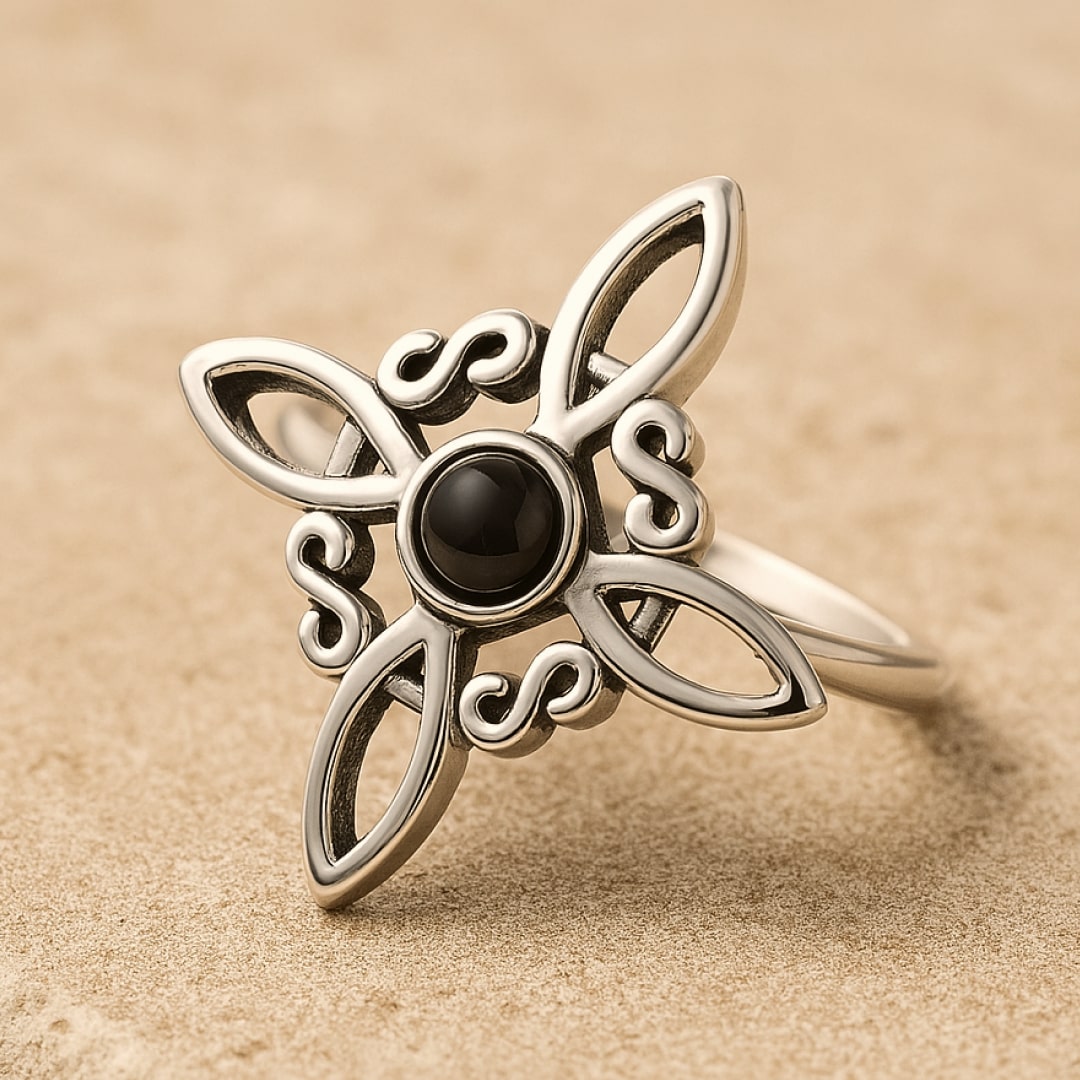 Bague Ajustable "Énergie Mystique" - Noeud de Sorcière & Obsidienne - - L'Arbre des Chakras