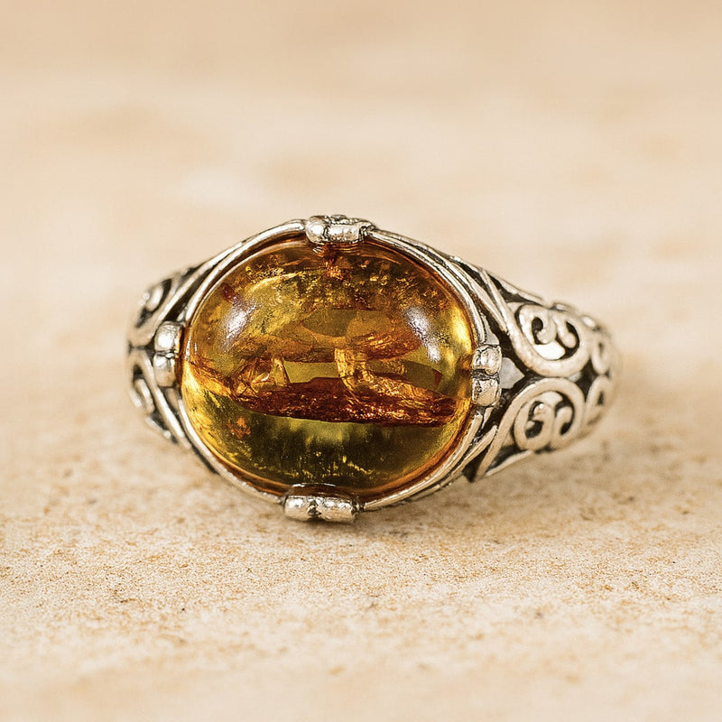 Bague Ajustable "Éclat Solaire" en Ambre & Argent