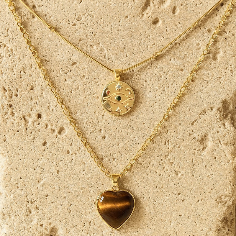 Collier Double "Coeur Protecteur" en Oeil de Tigre