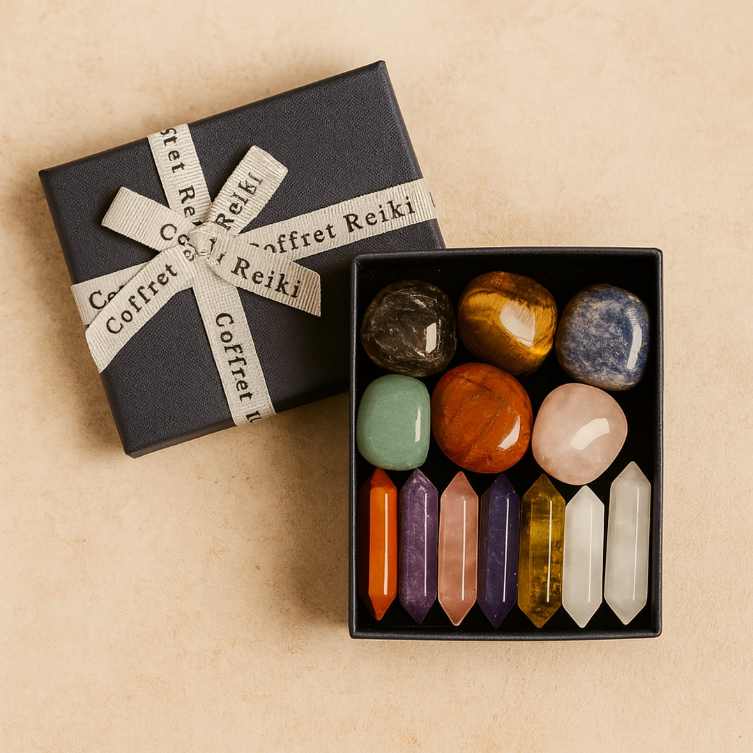 Coffret Reiki - Lot de 7 Pierres Naturelles & 7 Doubles Pointes - - L'Arbre des Chakras