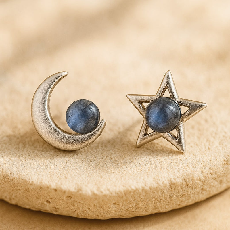 Boucles d'Oreilles "Lune Étoile" en Labradorite & Argent