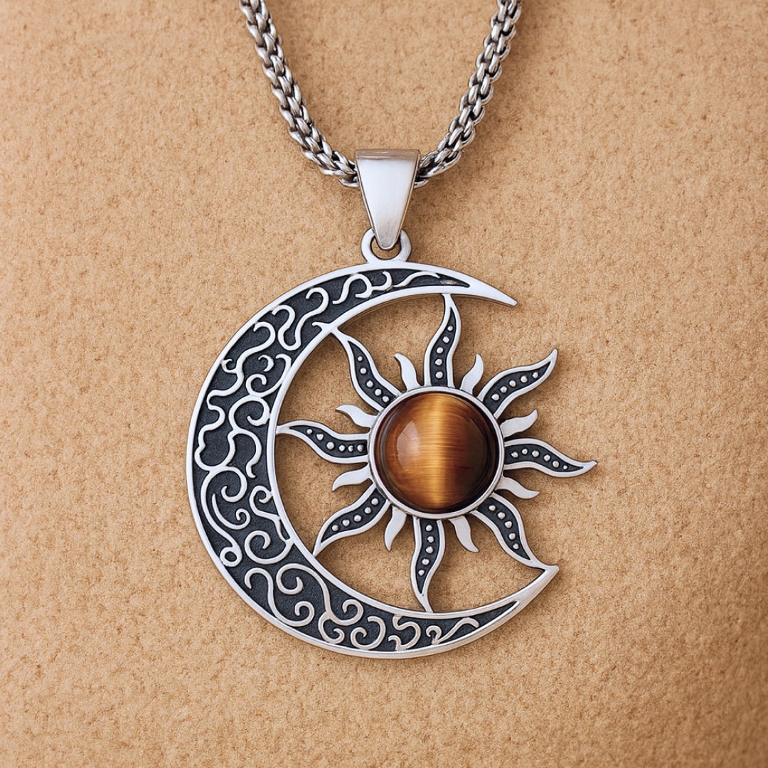 Pendentif "Équilibre Cosmique Lune-Soleil" en Oeil de Tigre - - L'Arbre des Chakras