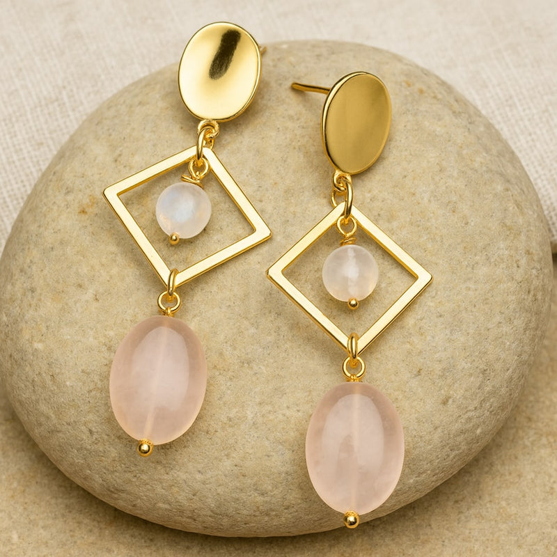 Boucles d’Oreilles "Émotion & Élégance" en Quartz Rose & Pierre de Lune - - L'Arbre des Chakras