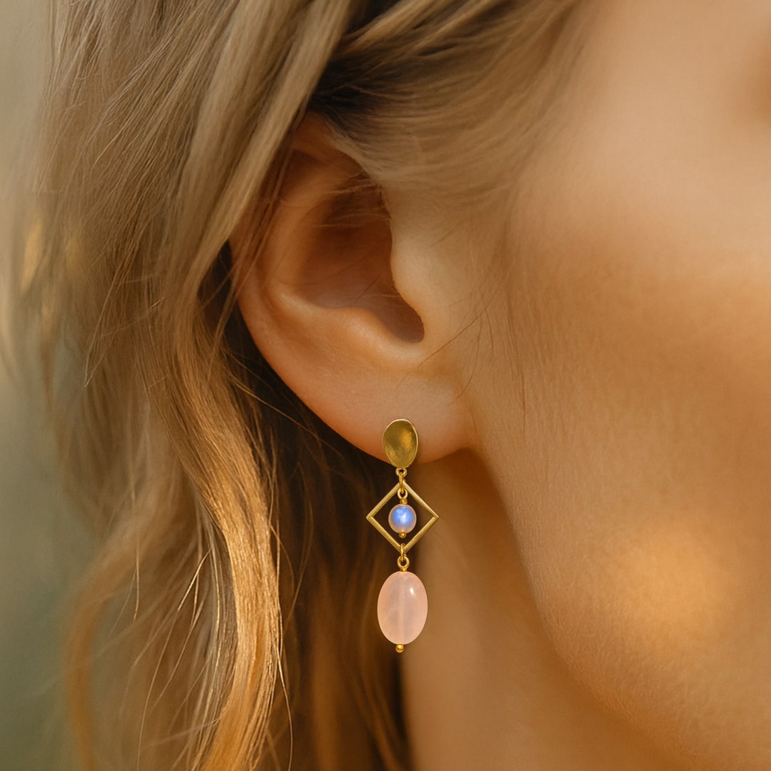 Boucles d’Oreilles "Émotion & Élégance" en Quartz Rose & Pierre de Lune - - L'Arbre des Chakras