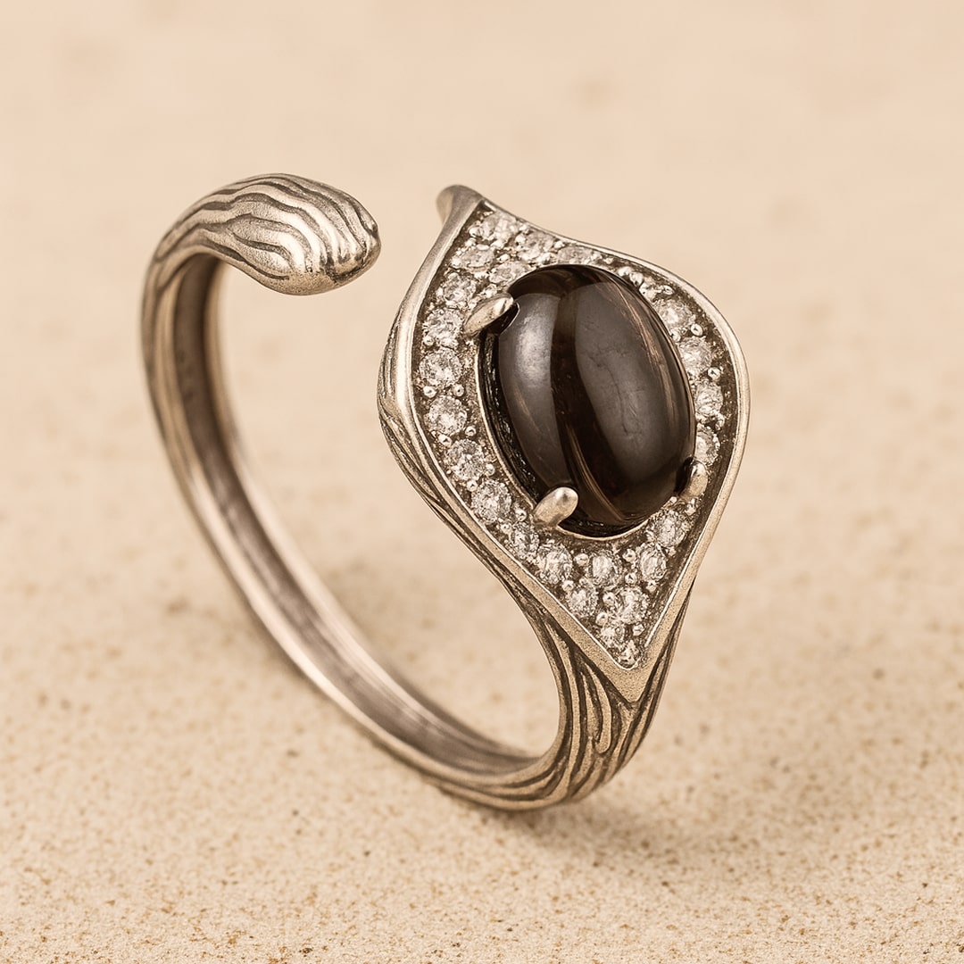 Bague "Dhairya" – Obsidienne Dorée & Argent