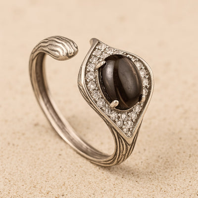 Bague "Dhairya" – Obsidienne Dorée & Argent - - L'Arbre des Chakras