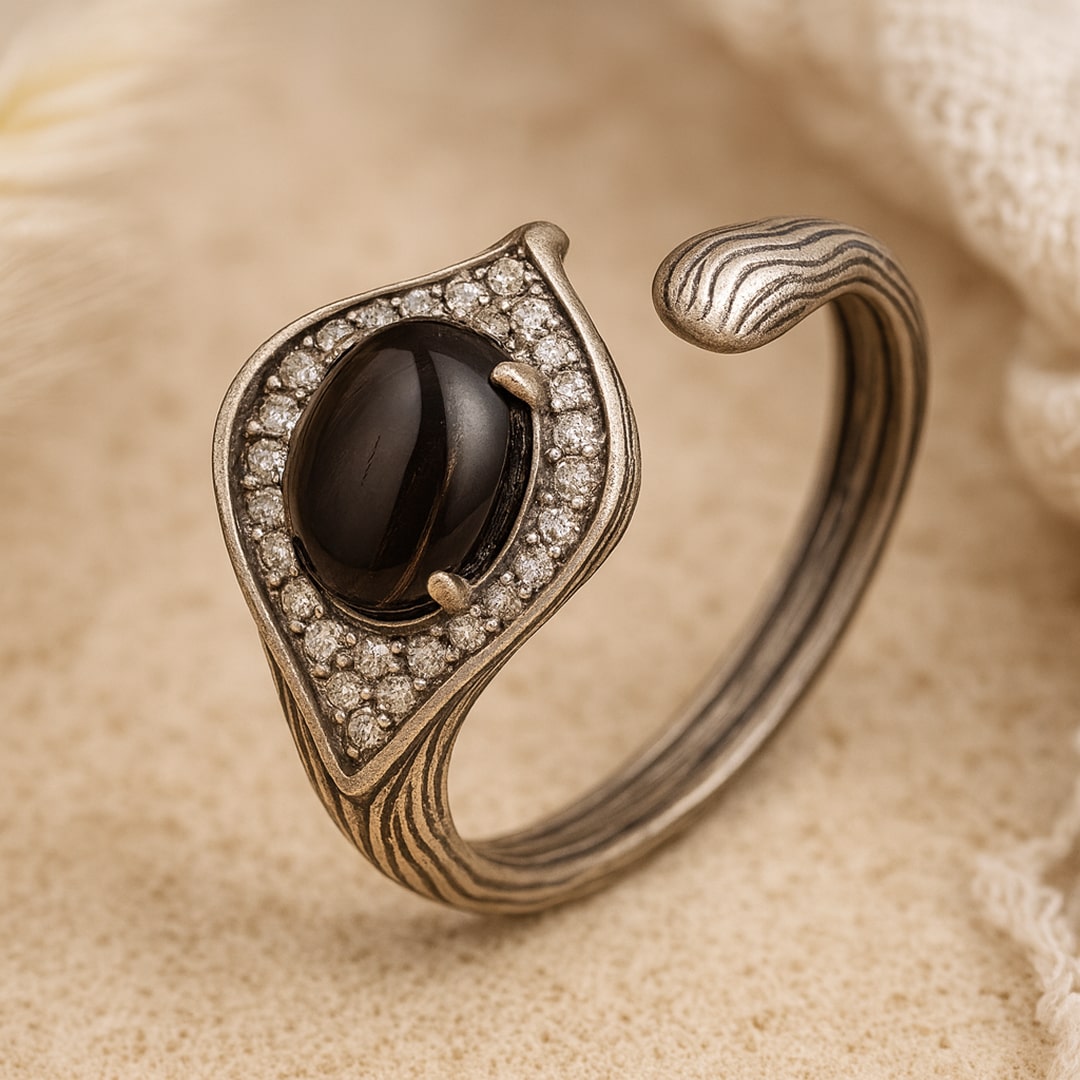 Bague "Dhairya" – Obsidienne Dorée & Argent