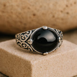 Bague "Sérénité Ancrée" en Agate Noire - - L'Arbre des Chakras