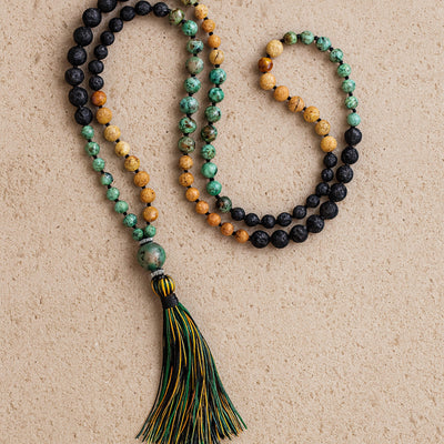 Collier Mala "Retour à Soi" - Jaspe, Turquoise Africaine & Pierre de Lave - - L'Arbre des Chakras