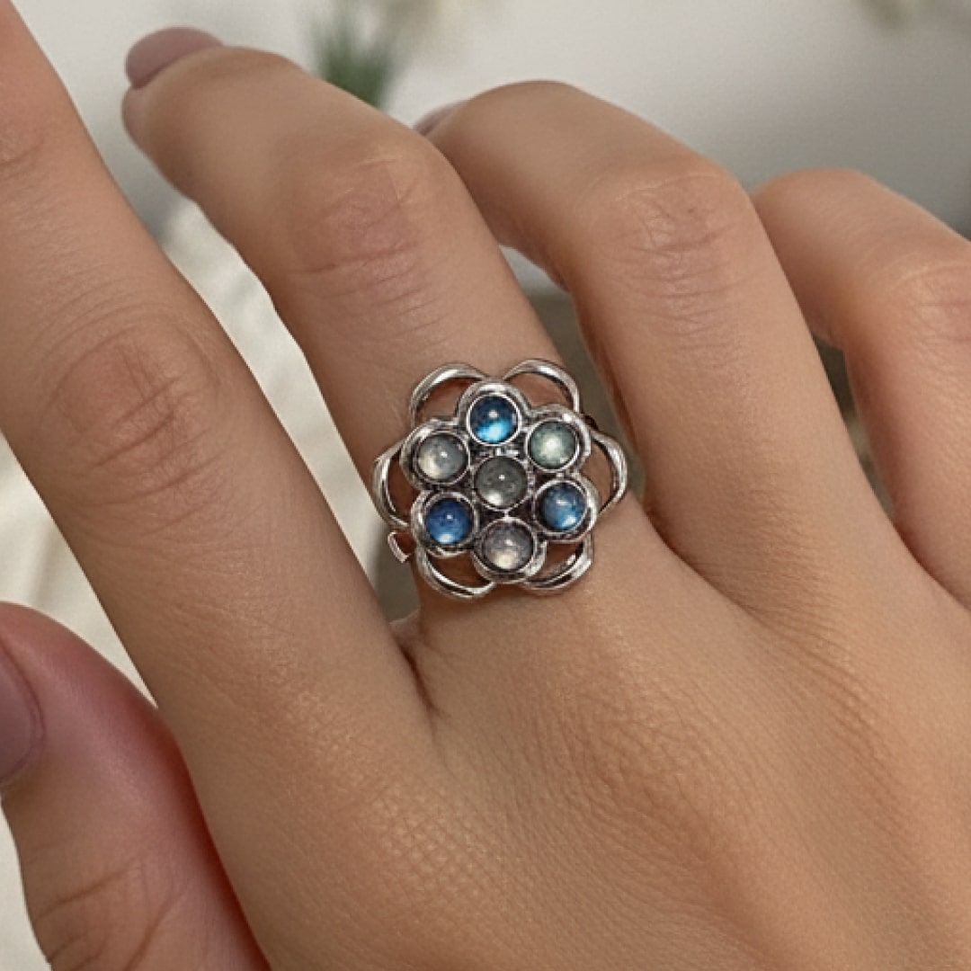 Bague Fleur Rotative anti-stress en Labradorite