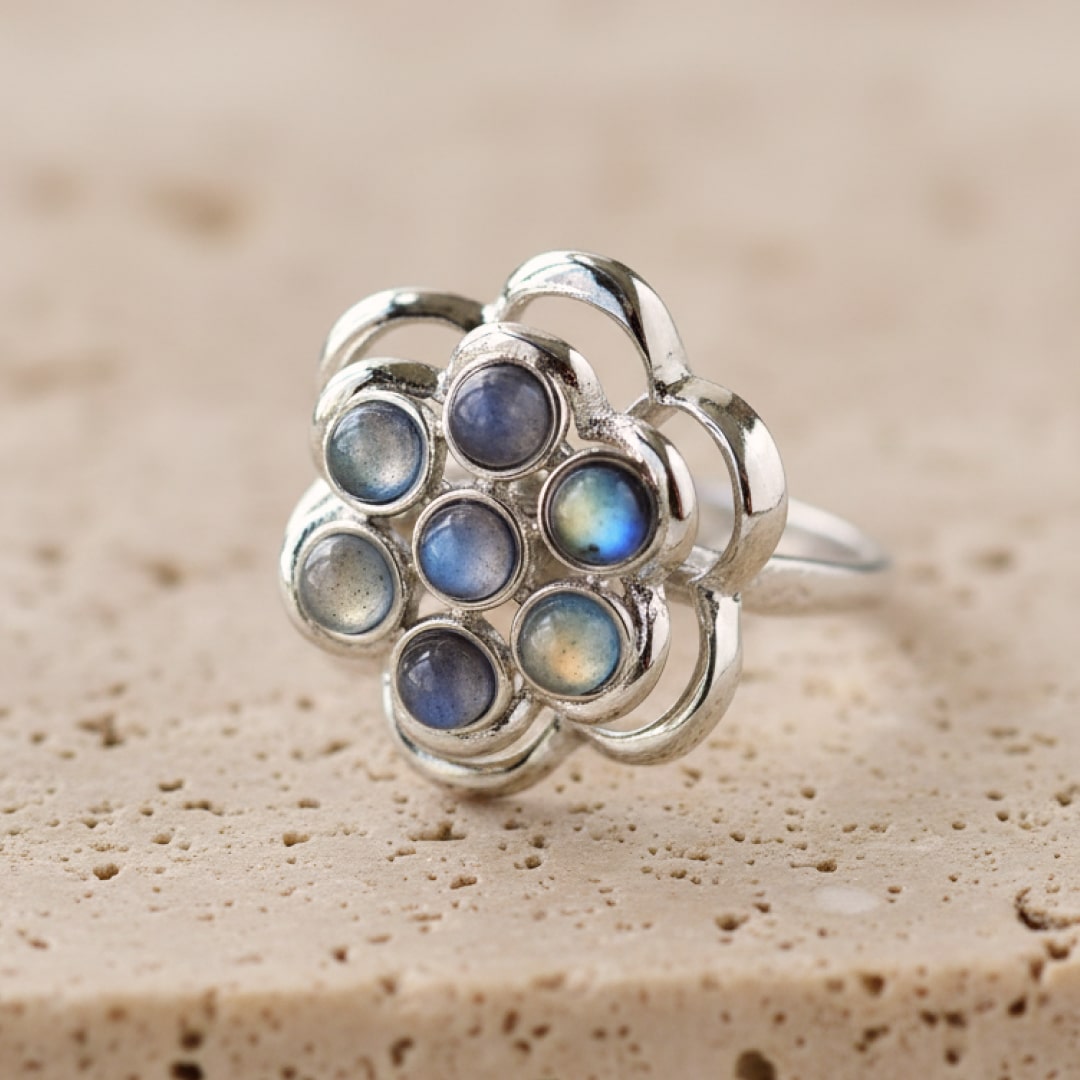 Bague Fleur Rotative anti-stress en Labradorite