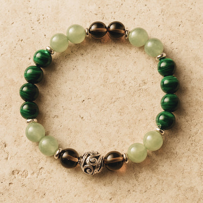 Bracelet "Chance et protection" en Aventurine, Malachite & Quartz Fumé - 17cm - L'Arbre des Chakras