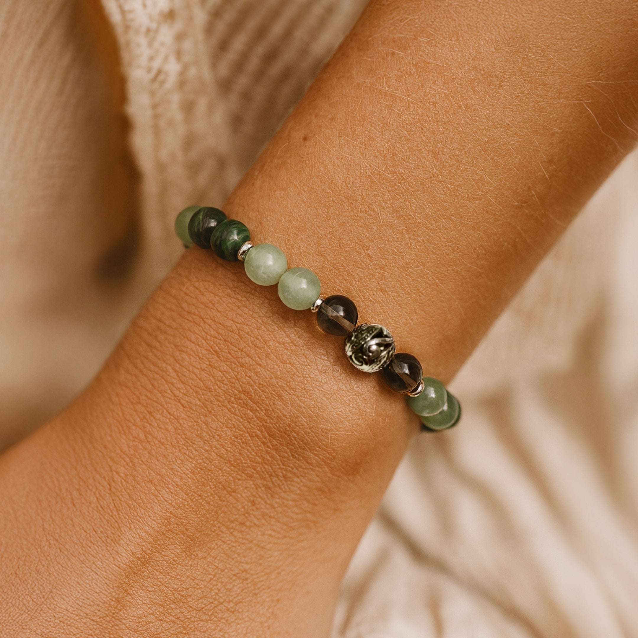 Bracelet "Chance & Protection" en Aventurine, Malachite & Quartz Fumé - - L'Arbre des Chakras