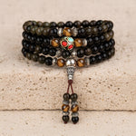 Bracelet Mala "Bouddhiste" en Obsidienne Noire & Dorée - - L'Arbre des Chakras