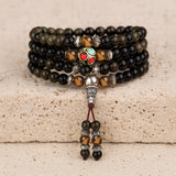Bracelet Mala "Bouddhiste" en Obsidienne Noire & Dorée - - L'Arbre des Chakras