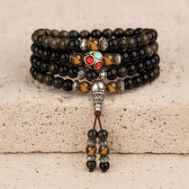 Bracelet Mala "Bouddhiste" en Obsidienne Noire & Dorée - - L'Arbre des Chakras