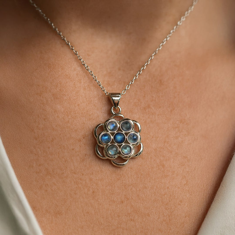 Pendentif Fleur Rotative Anti-Stress en Labradorite