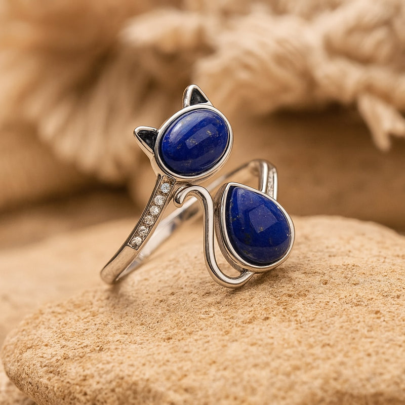Bague Ajustable "Chat" en Lapis Lazuli
