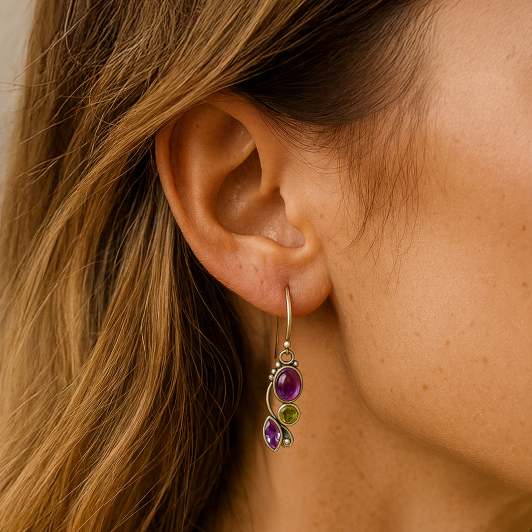 Boucles d'Oreilles "Cascade de Sérénité" en Améthyste & Péridot