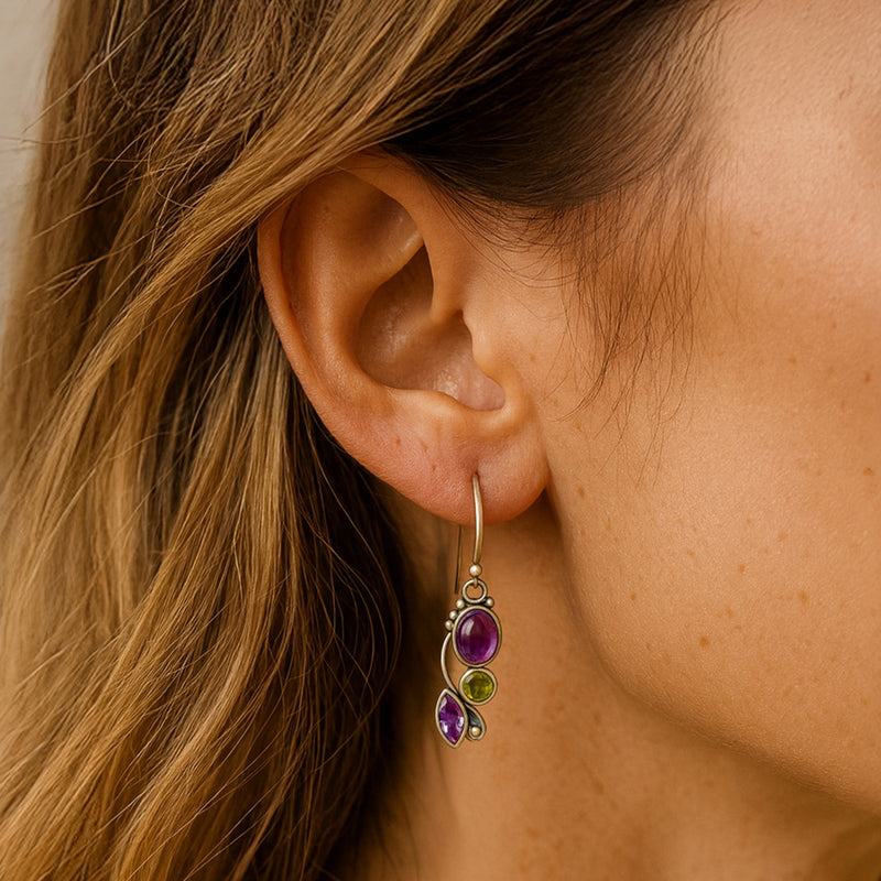 Boucles d'Oreilles "Cascade de Sérénité" en Améthyste & Péridot