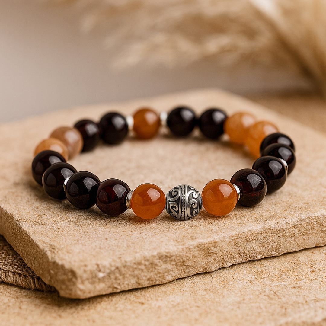 Bracelet Premium "Souffle de Vie" en Cornaline, Grenat & Pierre de soleil