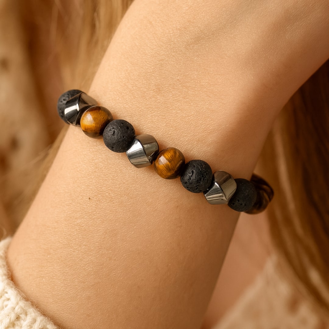 Bracelet Triple Protection en Pierre de Lave, Oeil de Tigre & Hématite - - L'Arbre des Chakras