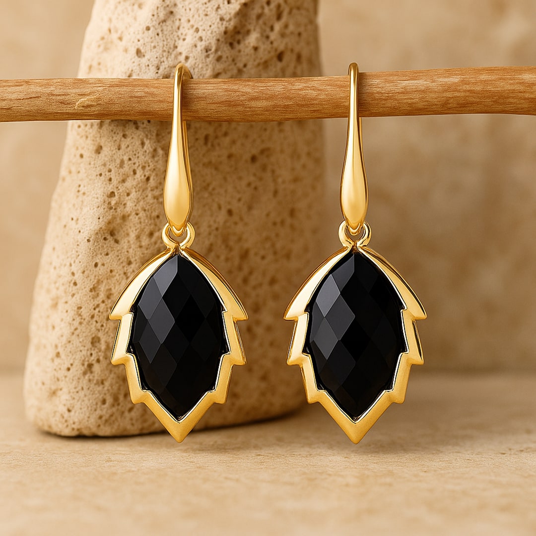 Boucles d'Oreilles Feuilles de l'Arbre en Pierre Naturelle - Onyx Noire - L'Arbre des Chakras