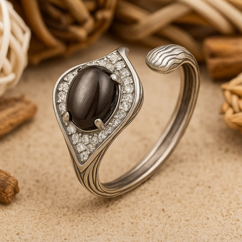 Bague "Dhairya" en Obsidienne Argentée