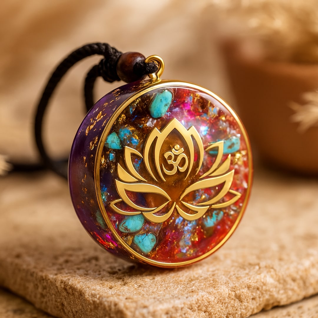 Pendentif Orgonite "Lotus-Om" en Turquoise & Oeil de Tigre