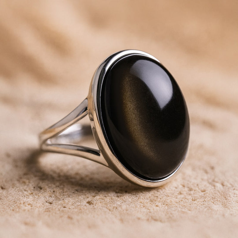 Bague Ajustable "Aura" en Obsidienne Dorée