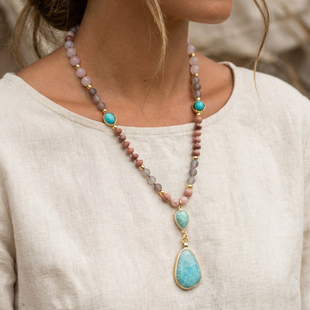 Collier Mala Ethnique en Turquoise, Amazonite, Quartz Rose & Rhodonite