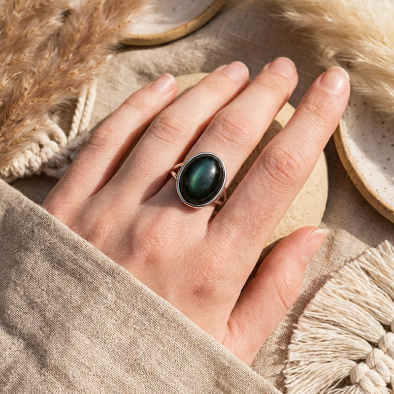 Bague Ajustable "Guérison de L'Âme" en Obsidienne Œil Céleste & Argent