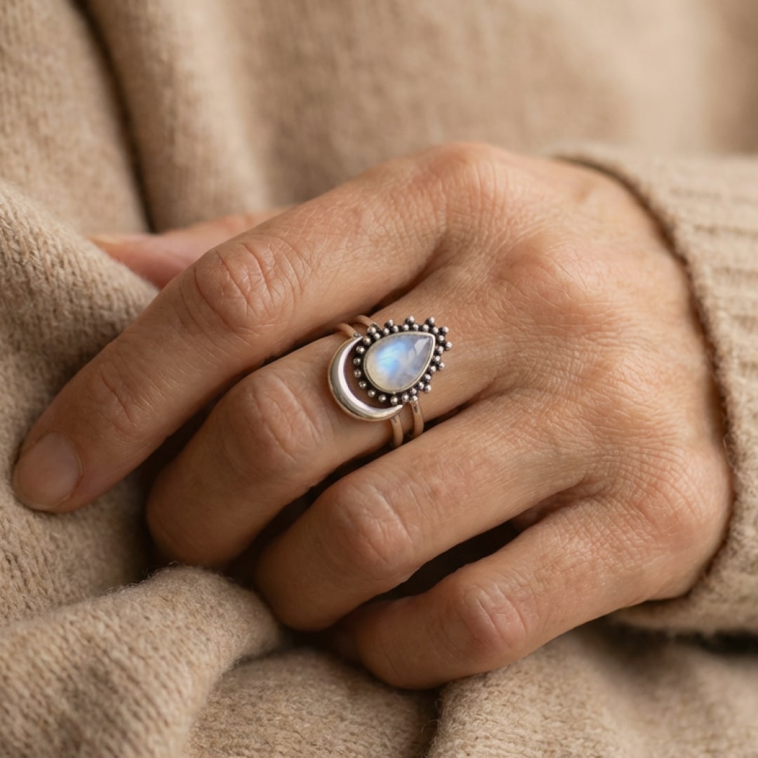 Bague "Lune Intuitive" en Pierre de Lune & Argent - - L'Arbre des Chakras