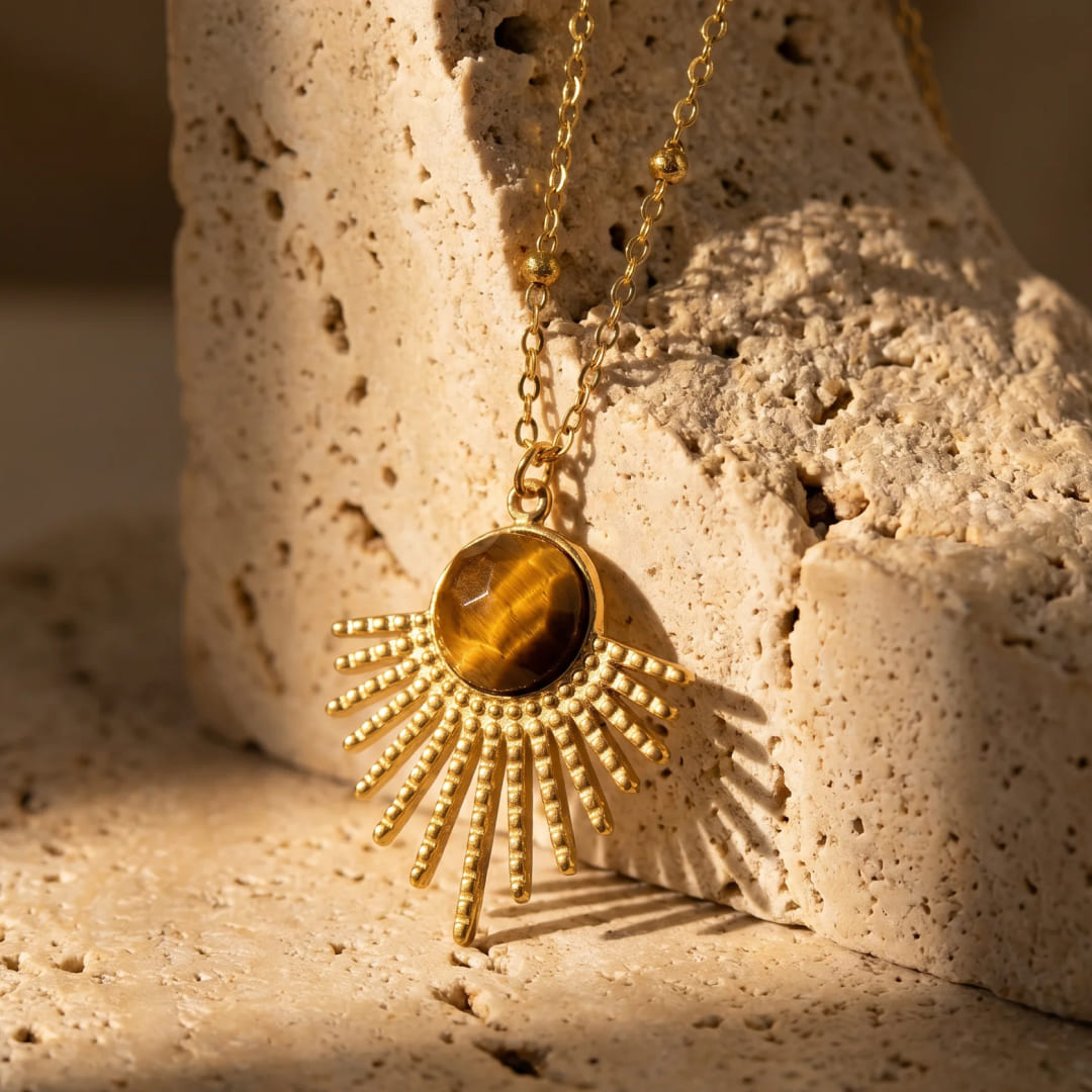 Pendentif “Soleil Maya” en Œil de Tigre - - L'Arbre des Chakras