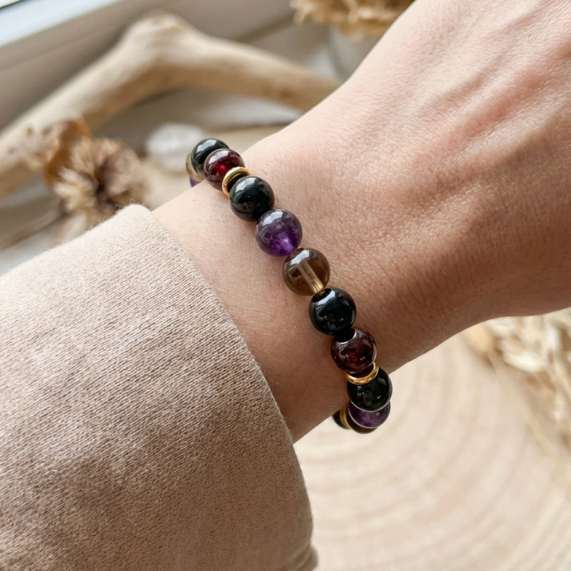 Bracelet "Harmonie & Protection" en Shungite, Quartz Fumé, Améthyste & Grenat - - L'Arbre des Chakras