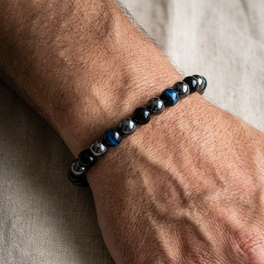 Bracelet "Guidance Intérieure" en Hématite, Tourmaline Noire & Oeil de Tigre Bleu