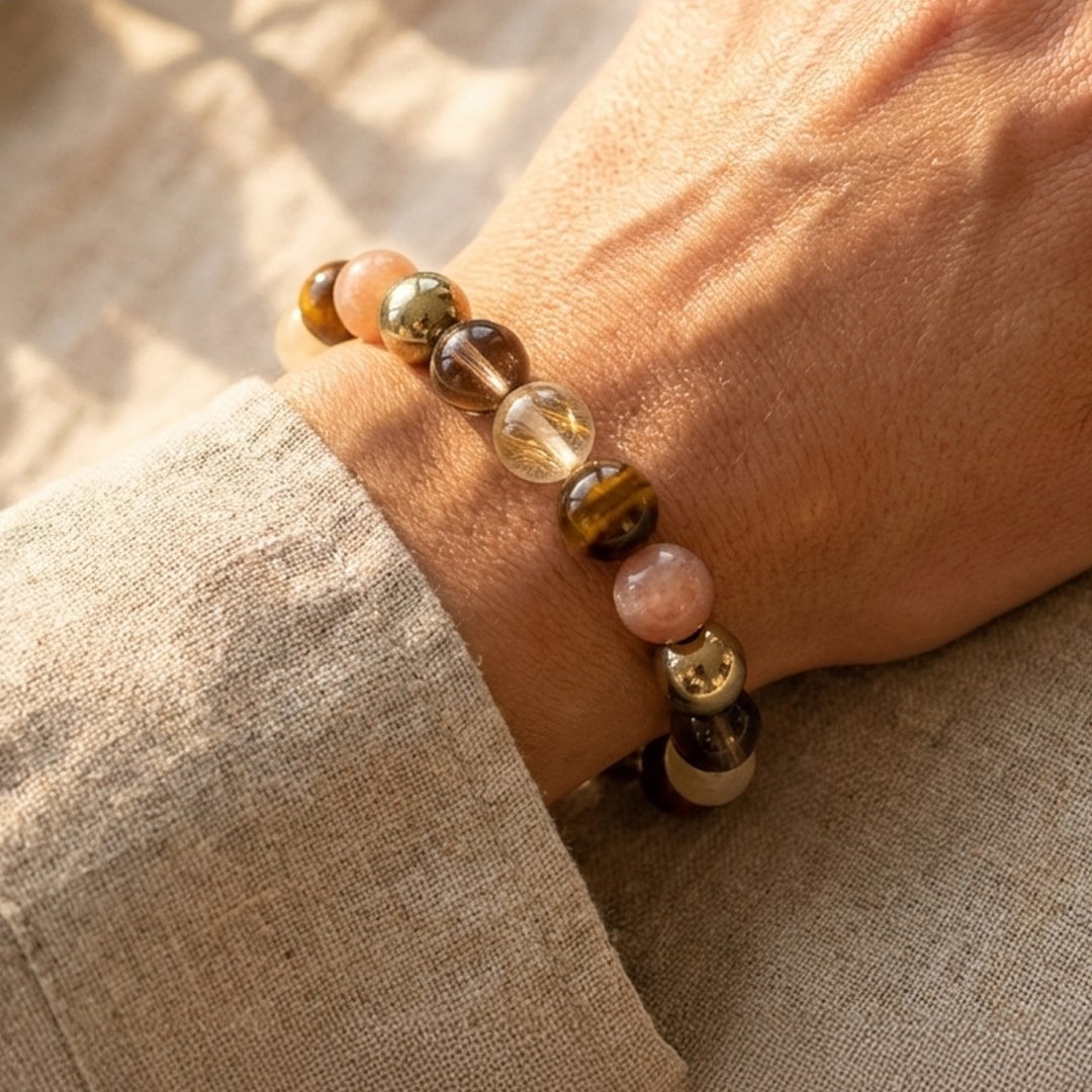 Bracelet "Énergie Solaire" en Quartz Fumé, Oeil de Tigre & Quartz Rutile Doré - - L'Arbre des Chakras