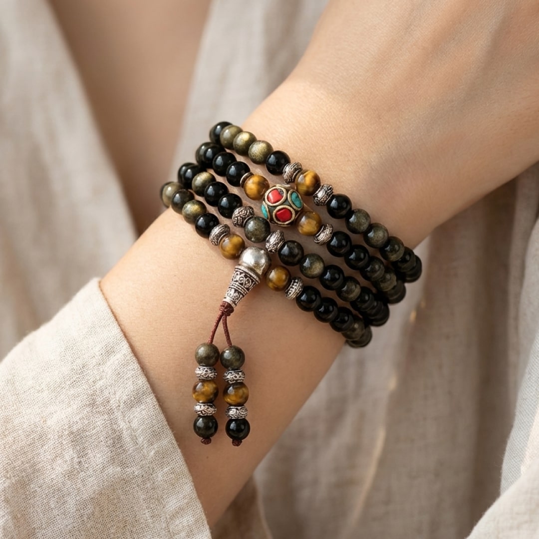 Bracelet Mala "Bouddhiste" en Obsidienne Noire & Dorée - - L'Arbre des Chakras