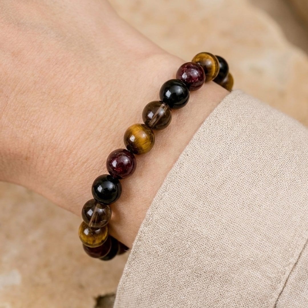 Bracelet "Réussite & Protection" en Oeil de Tigre, Grenat, Tourmaline & Quartz Fumé - - L'Arbre des Chakras