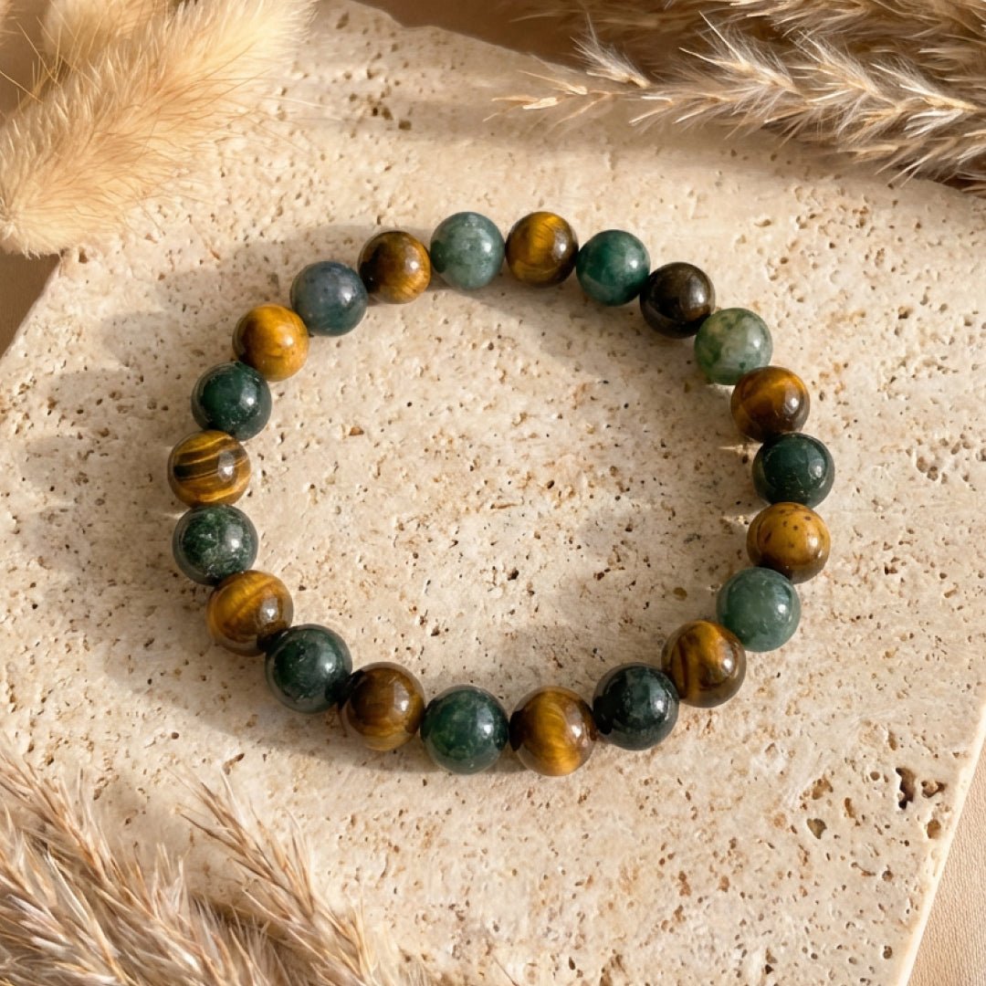 Bracelet "Équilibre & Protection" en Oeil de Tigre & Agate Mousse - - L'Arbre des Chakras