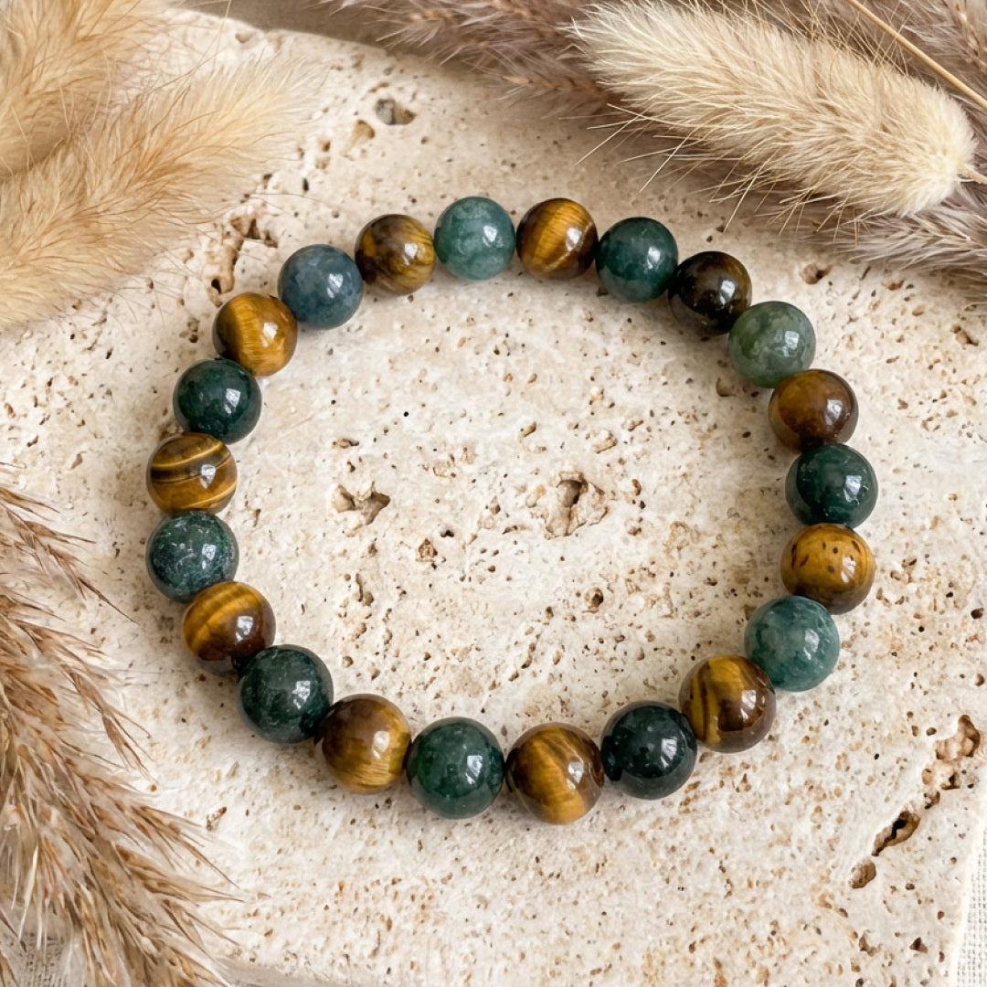 Bracelet "Équilibre & Protection" en Oeil de Tigre & Agate Mousse - - L'Arbre des Chakras