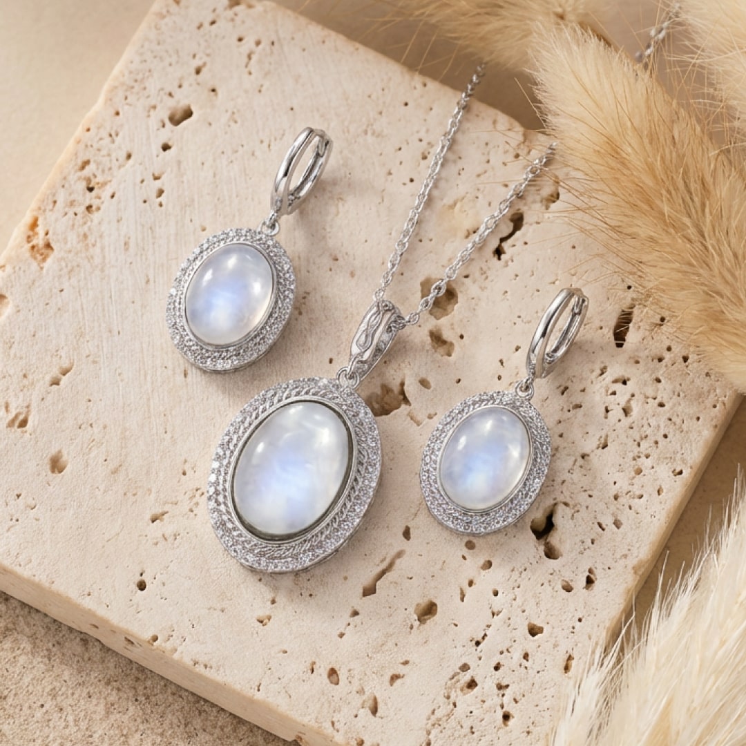 Pendentif "Douceur d’Âme" en Pierre de Lune - Ensemble : Pendentif + Boucles d'Oreilles - L'Arbre des Chakras
